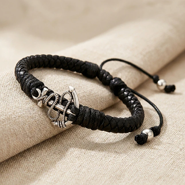 Pulsera Ancla con Cuero Trenzado 3
