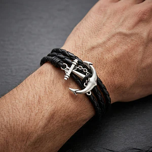 Pulsera Ancla con Cuero Trenzado