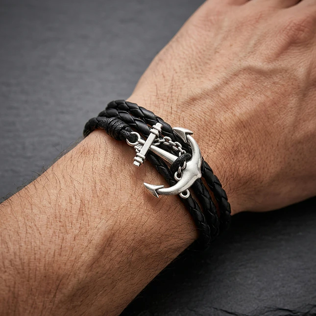 Pulsera Ancla con Cuero Trenzado 2