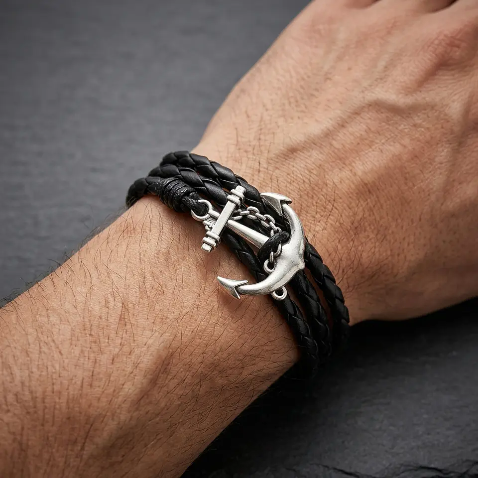 Pulsera Ancla con Cuero Trenzado 2