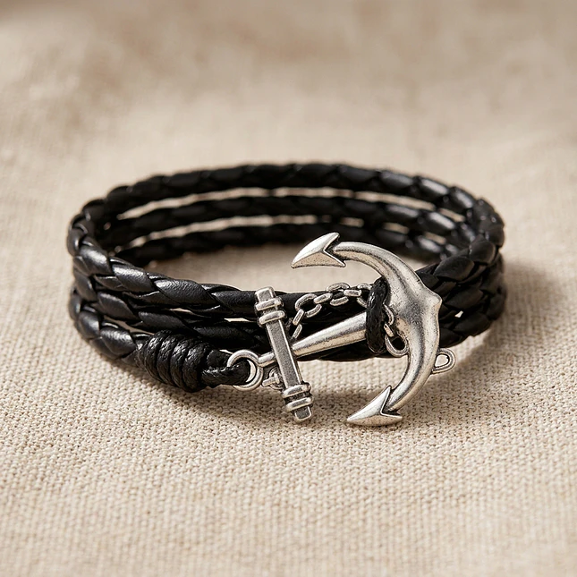 Pulsera Ancla con Cuero Trenzado 3