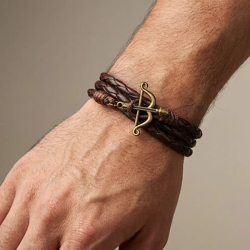 Pulsera Arco y Flecha Cupido con Cuero Trenzado  2