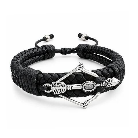 Pulsera Arco y Flecha Cupido con Cuero Trenzado Doble