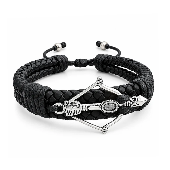 Pulsera Arco y Flecha Cupido con Cuero Trenzado Doble 1