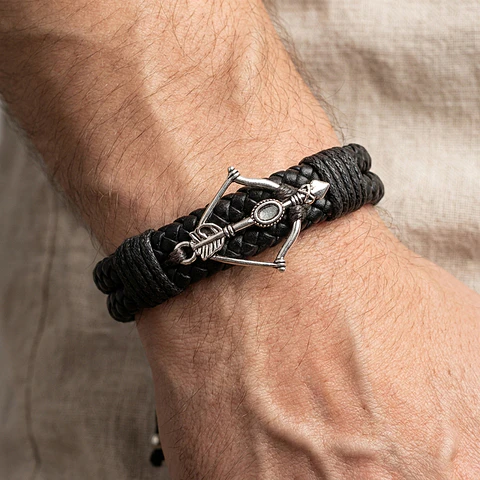 Pulsera Arco y Flecha Cupido con Cuero Trenzado Doble