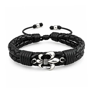 Pulsera Flor de Lis Cuero Trenzado Doble