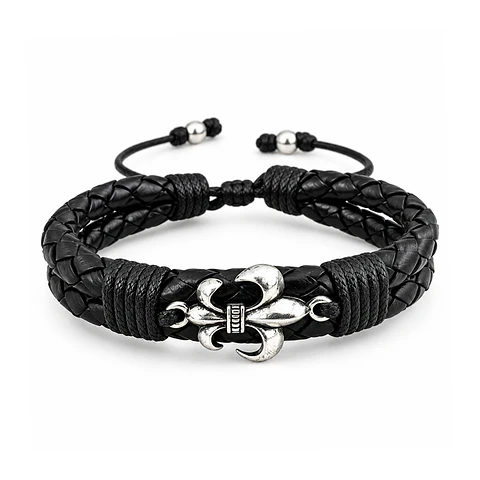 Pulsera Flor de Lis Cuero Trenzado Doble