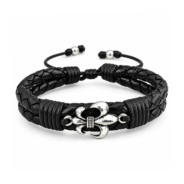 Pulsera Flor de Lis Cuero Trenzado Doble 1