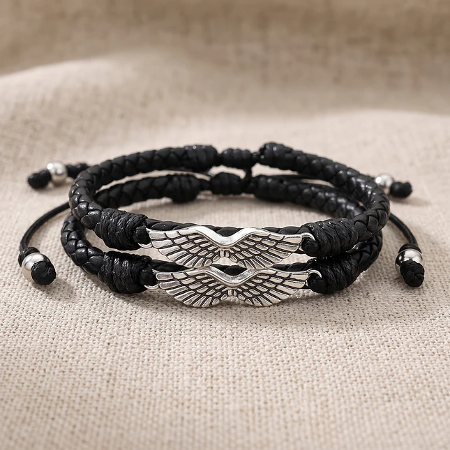Pulseras para Parejas con Alas Cuero Trenzado 3