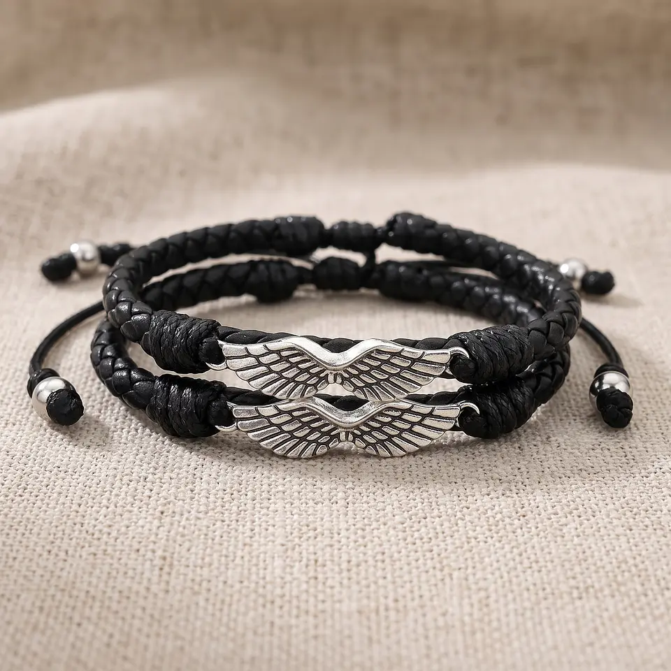 Pulseras para Parejas con Alas Cuero Trenzado 3