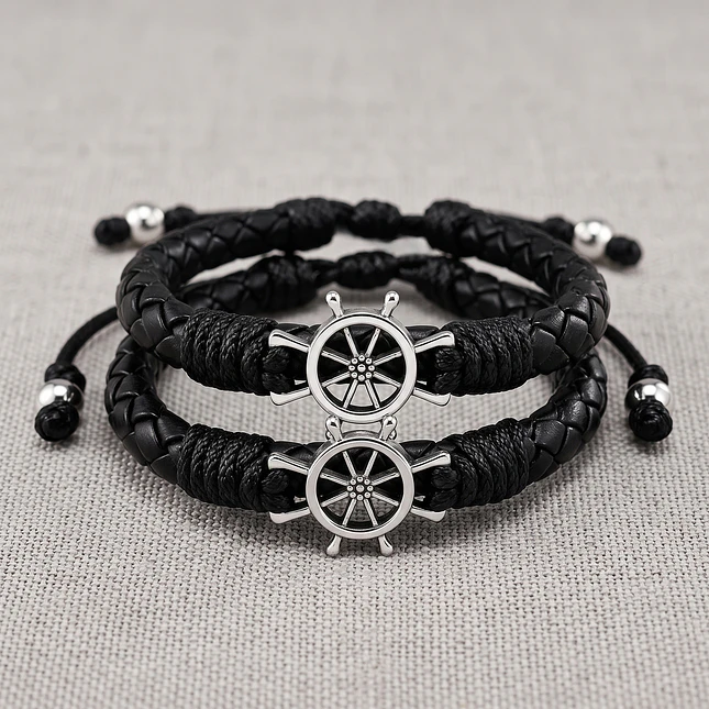 Pulseras para Parejas Timón Cuero Trenzado  3
