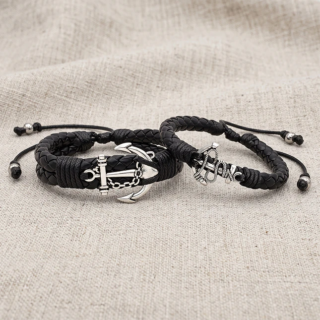 Pulseras para Parejas con Anclas Cuero Trenzado 4