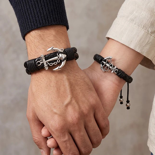 Pulseras para Parejas con Anclas Cuero Trenzado 2
