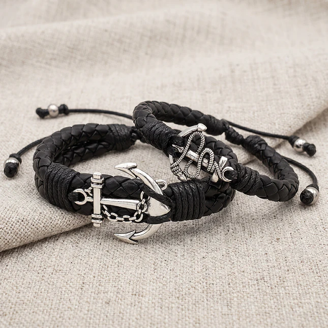Pulseras para Parejas con Anclas Cuero Trenzado 3