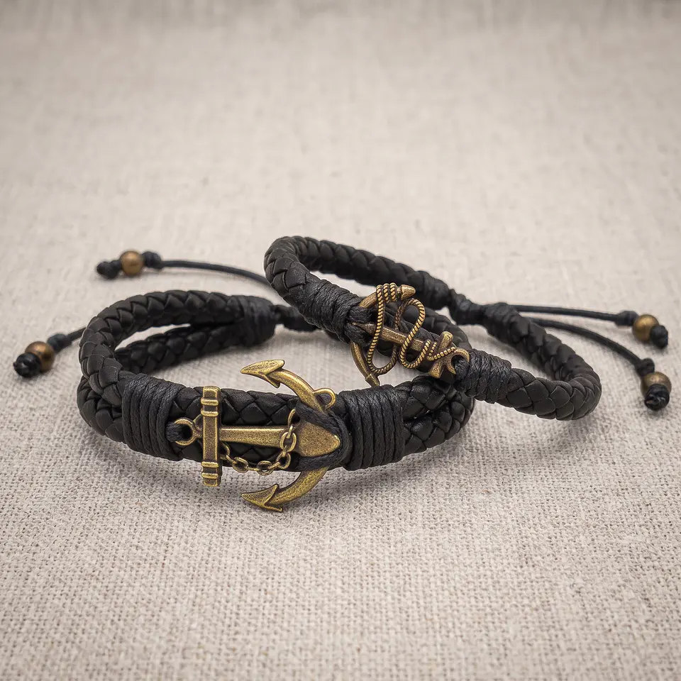 Pulseras para Parejas Anclas Cuero Trenzado 3