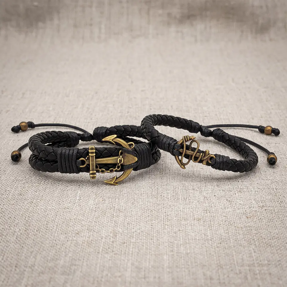 Pulseras para Parejas Anclas Cuero Trenzado 4