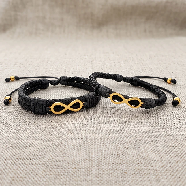 Pulseras para Parejas Infinitos Cuero Trenzado Acero Dorado 4