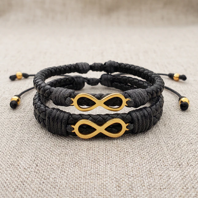 Pulseras para Parejas Infinitos Cuero Trenzado Acero Dorado 3