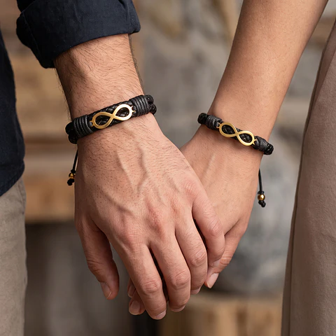 Pulseras para Parejas Infinitos Cuero Trenzado Acero Dorado