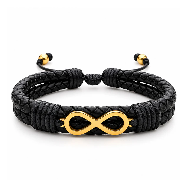 Pulsera Infinito Cuero Trenzado Acero Dorado 1