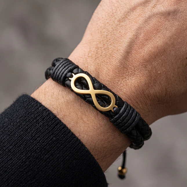 Pulsera Infinito Cuero Trenzado Acero Dorado 2