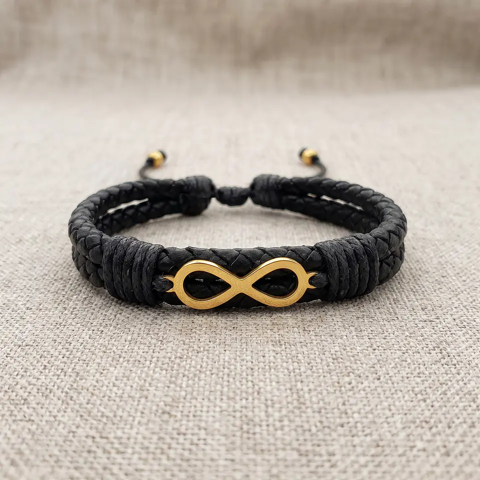 Pulsera Infinito Cuero Trenzado Acero Dorado 3