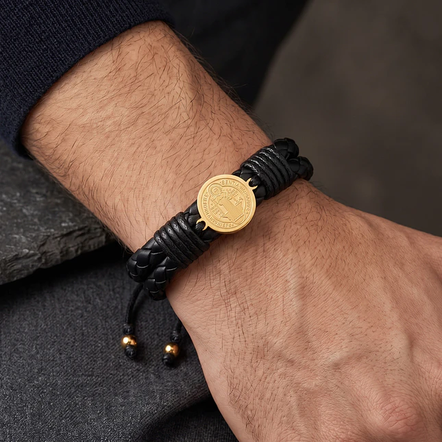 Pulsera San Benito de Abad Cuero Trenzado Acero 3
