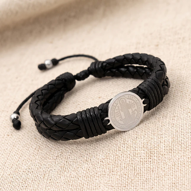 Pulsera San Benito de Abad Cuero Trenzado Acero 6