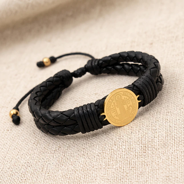 Pulsera San Benito de Abad Cuero Trenzado Acero 2