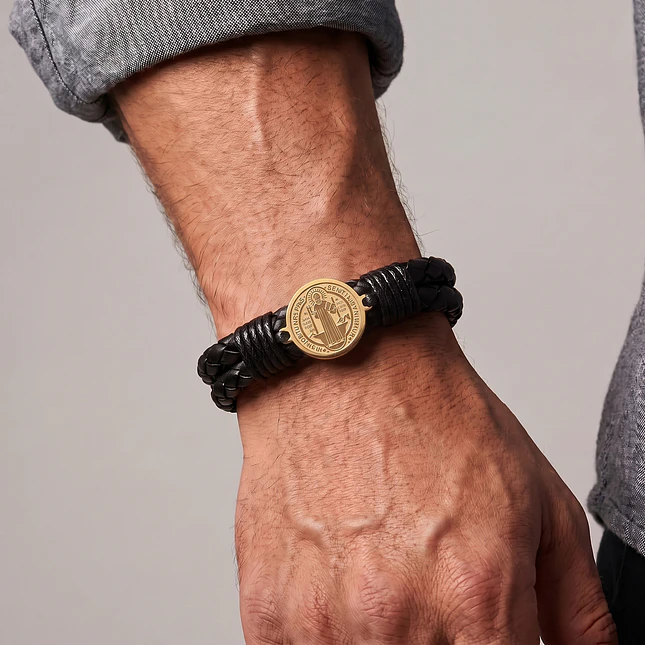 Pulsera San Benito de Abad Cuero Trenzado Acero 4