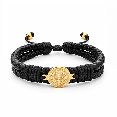 Pulsera Santa Cruz de San Benito Cuero Trenzado Acero