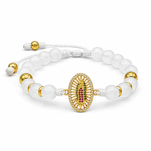 Pulsera Virgen Guadalupe Cuarzo Blanco Acero Rodio