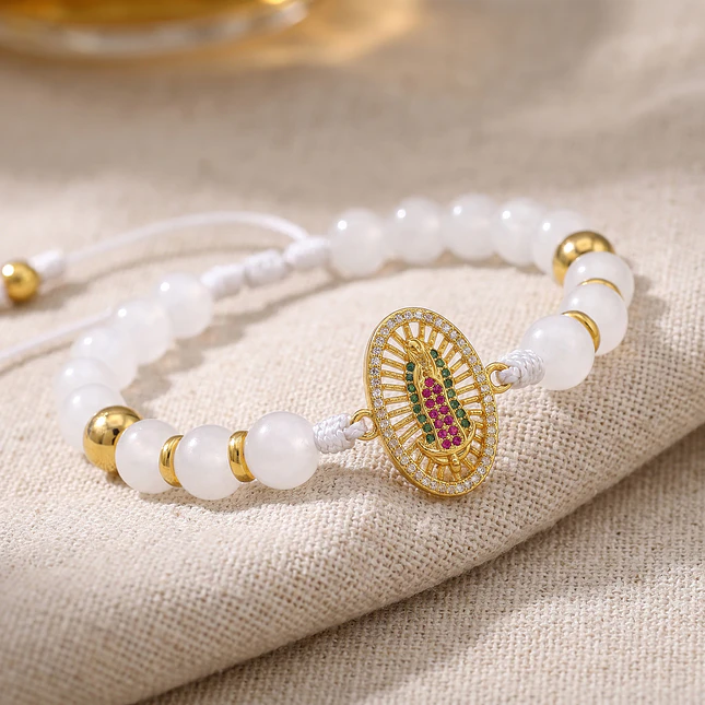 Pulsera Virgen Guadalupe Cuarzo Blanco Acero Rodio 3