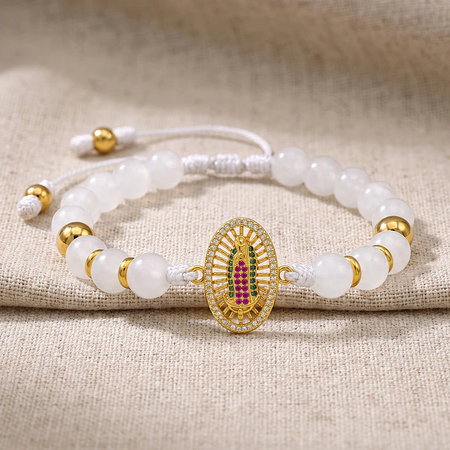 Pulsera Virgen Guadalupe Cuarzo Blanco Acero Rodio 5
