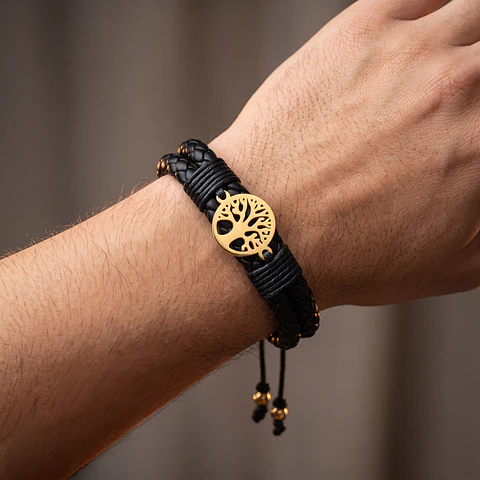 Pulsera Árbol de Vida Cuero Trenzado Acero
