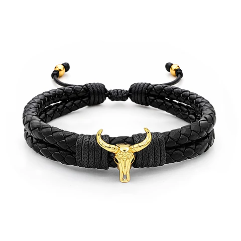 Pulsera Cráneo de Toro Cuero Trenzado Acero Rodio