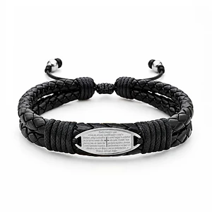 Pulsera Placa Cruz Padrenuestro Cuero Trenzado Acero 