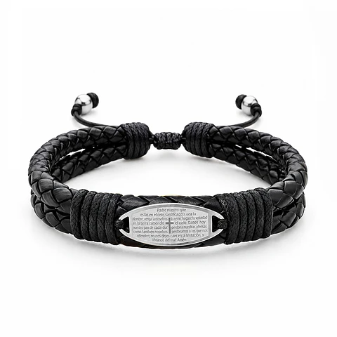 Pulsera Placa Cruz Padrenuestro Cuero Trenzado Acero 