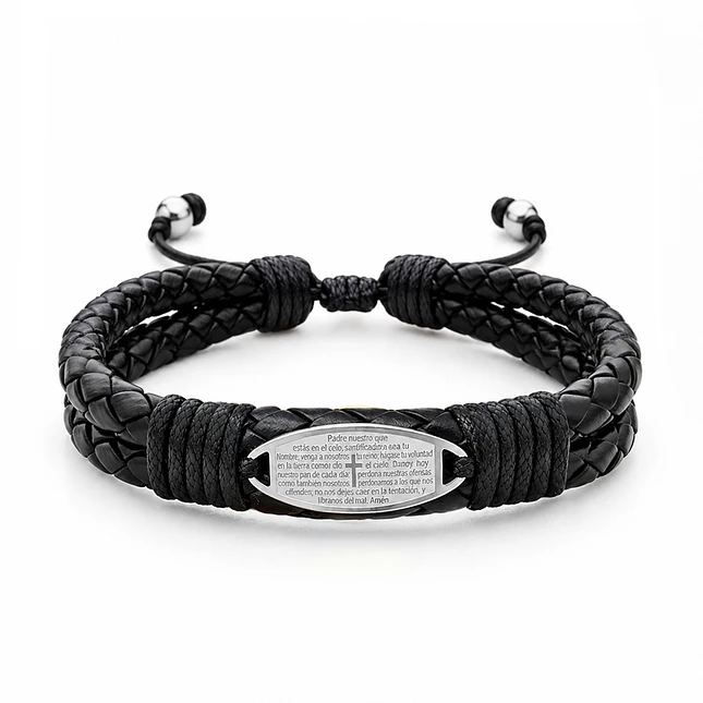 Pulsera Placa Cruz Padrenuestro Cuero Trenzado Acero  1