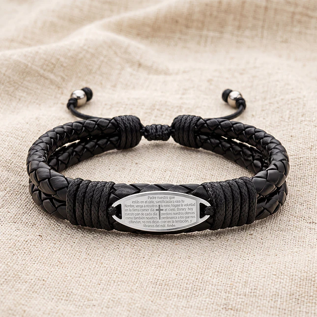 Pulsera Placa Cruz Padrenuestro Cuero Trenzado Acero  3