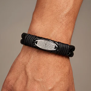 Pulsera Placa Cruz Padrenuestro Cuero Trenzado Acero 