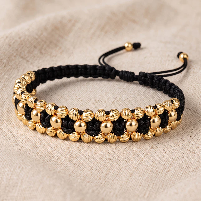 Pulsera Tejida Balines Oro Laminado 18k Diamantados 3