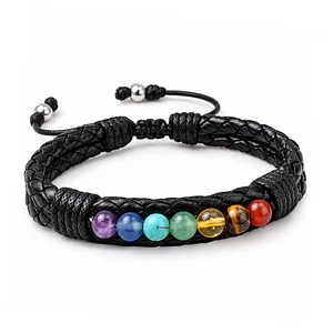 Pulsera 7 Chakras Cuero Trenzado Acero