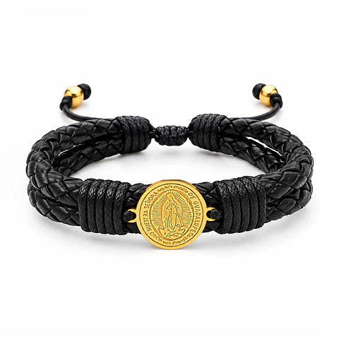 Pulsera Virgen de Guadalupe Cuero Trenzado Acero 