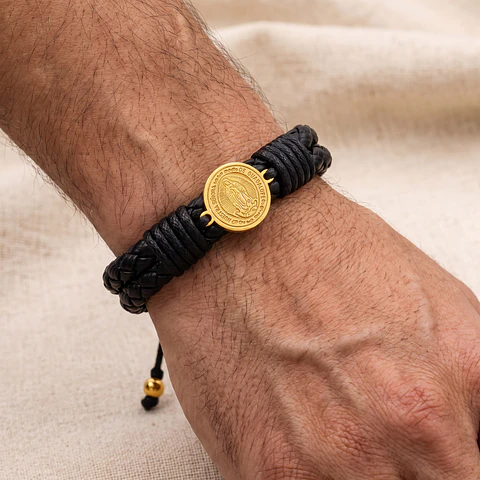Pulsera Virgen de Guadalupe Cuero Trenzado Acero 