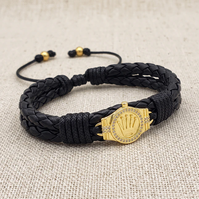 Pulsera Placa Corona Dorada Cuero Trenzado 3