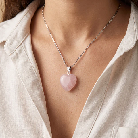 Collar Cadena Corazón Piedra Cuarzo Rosado Natural