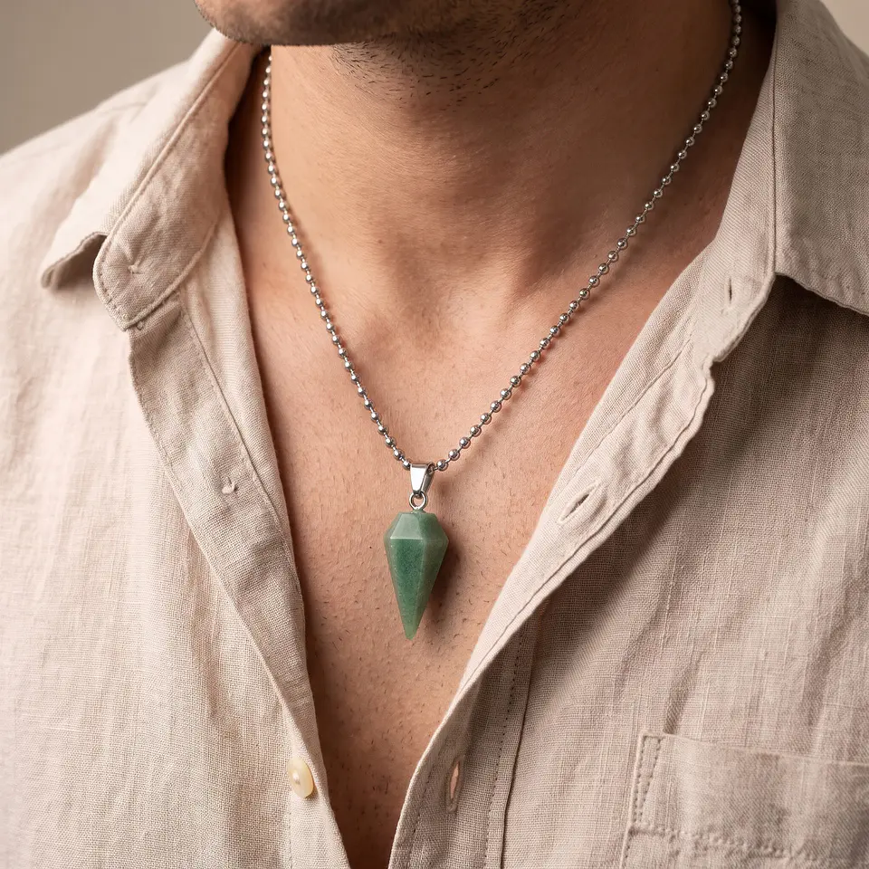 Collar Péndulo Piedra Aventurina Verde con Cadena de Acero 2