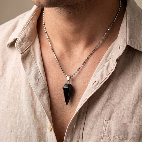 Collar Péndulo Piedra Ónix Negro con Cadena Acero
