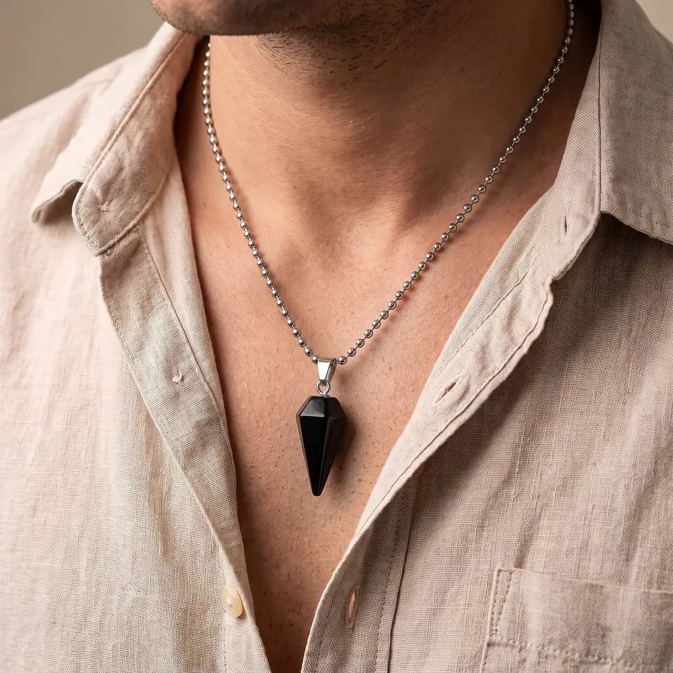 Collar Péndulo Piedra Ónix Negro con Cadena Acero 2